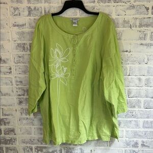 Alexandra Bartlett Women's Size 3X Lime Green Embroidered 100% Linen Blouse Top